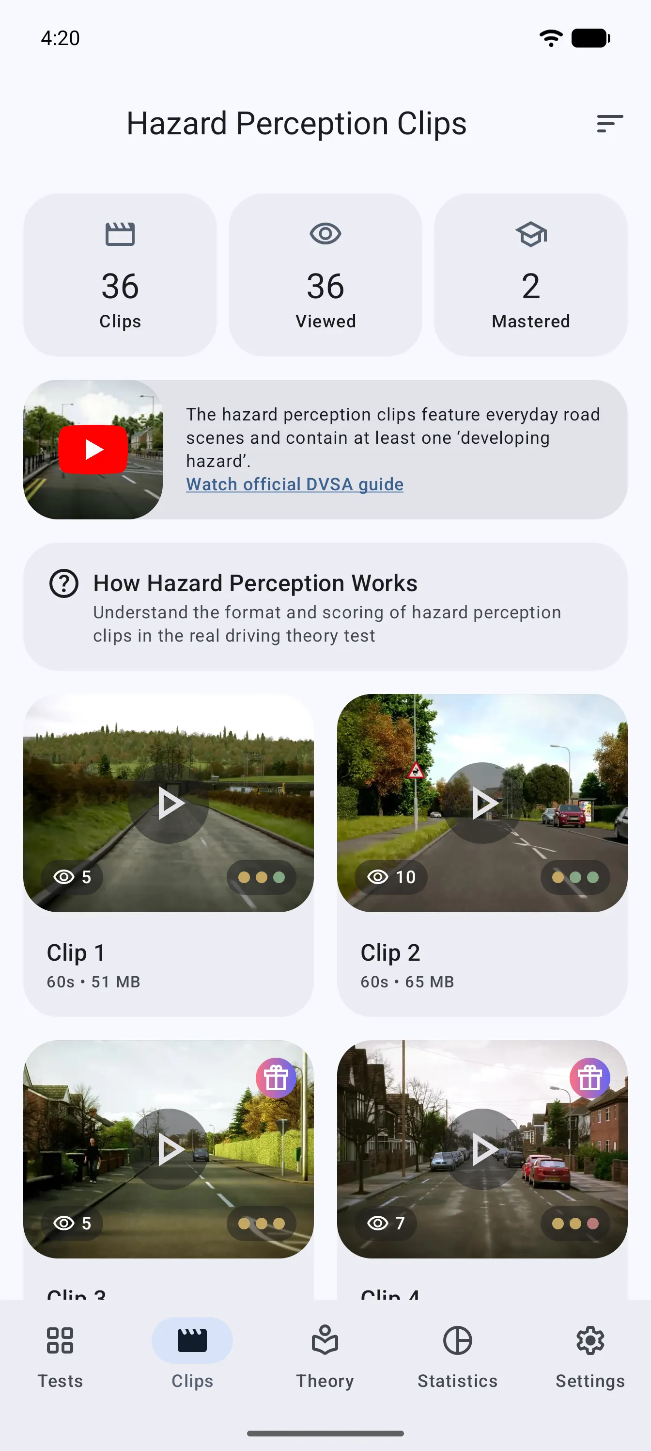 App screen: hazard perception clips
