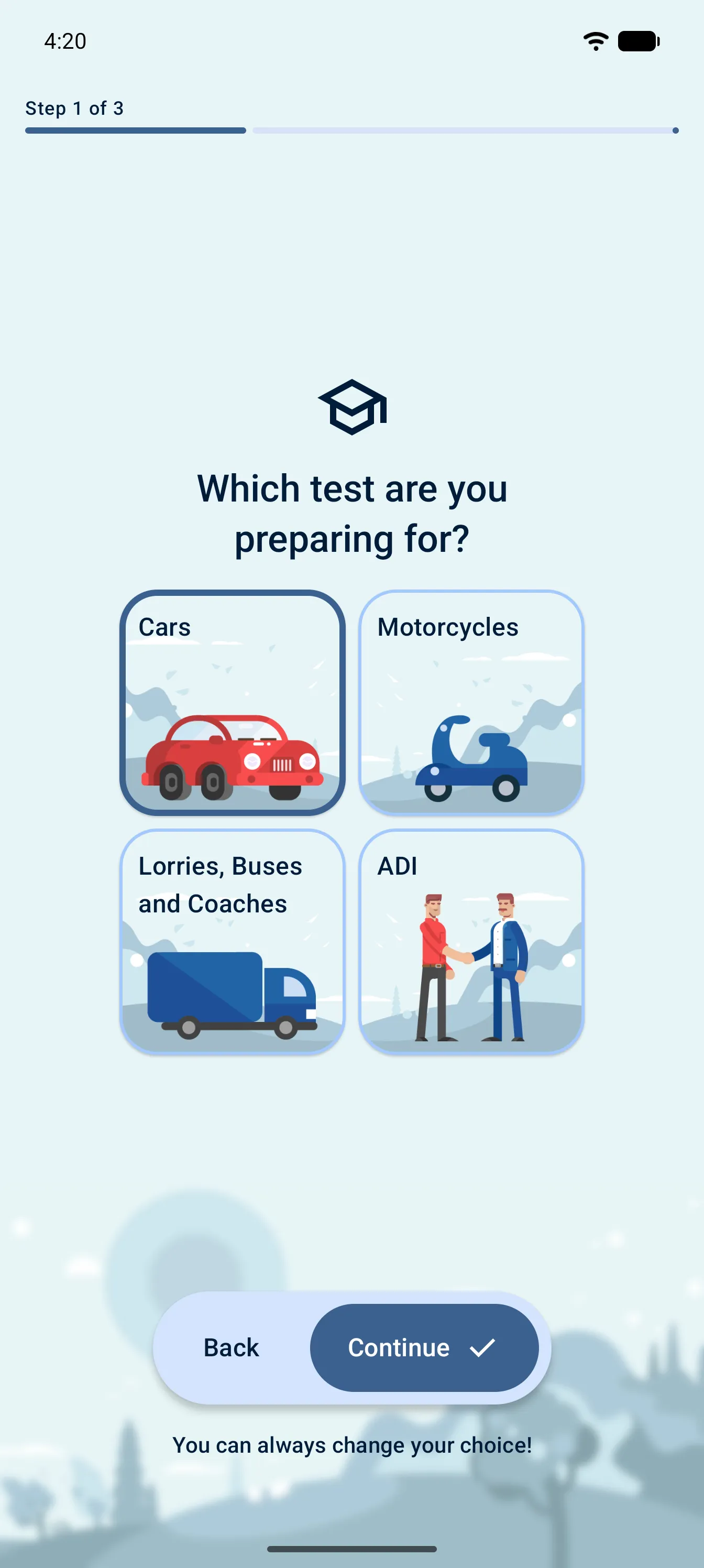 App screen: select a test